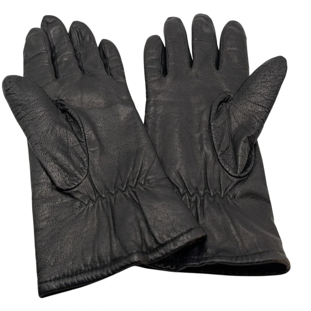 Vintage Pownes  Genuine‎ Leather Gloves Black Polyester Lined Womens Size 7.5